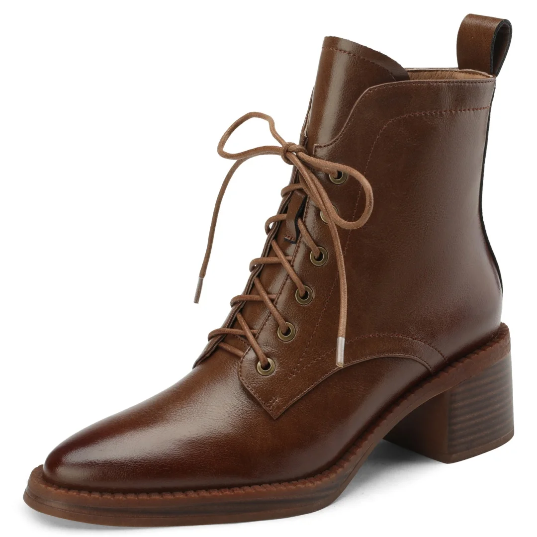 Women's genuine leather lace-up side zip autumn ankle boots casual female punk short motorcycle boots shoes for woman 2025 new