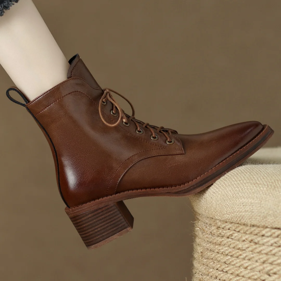 Women's genuine leather lace-up side zip autumn ankle boots casual female punk short motorcycle boots shoes for woman 2025 new