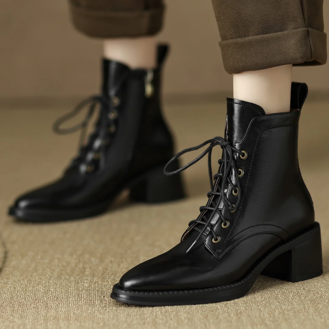 Women's genuine leather lace-up side zip autumn ankle boots casual female punk short motorcycle boots shoes for woman 2025 new