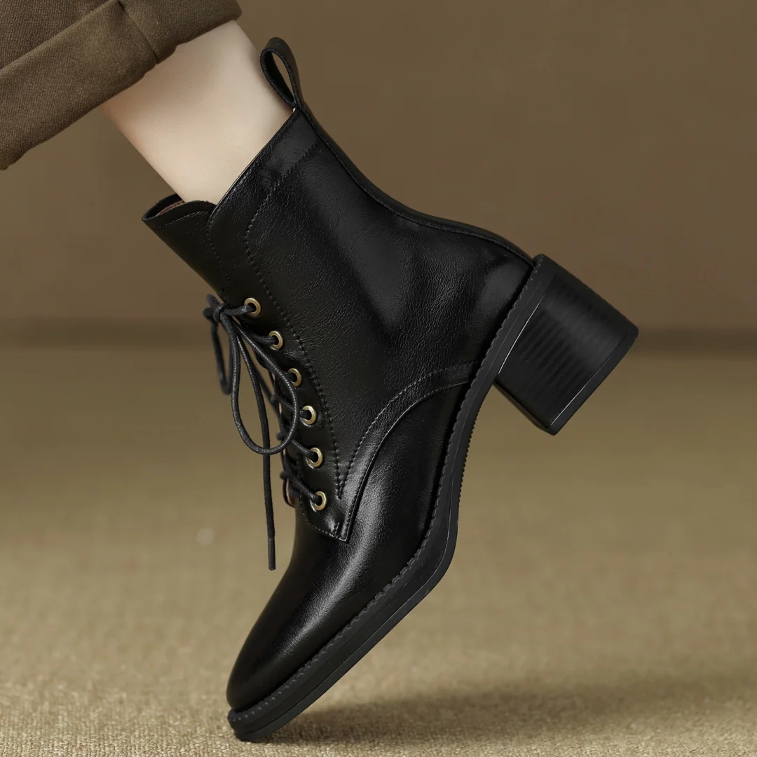 Women's genuine leather lace-up side zip autumn ankle boots casual female punk short motorcycle boots shoes for woman 2025 new