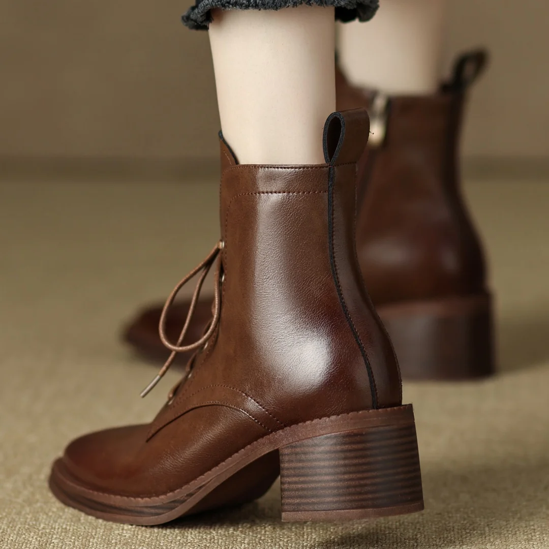Women's genuine leather lace-up side zip autumn ankle boots casual female punk short motorcycle boots shoes for woman 2025 new