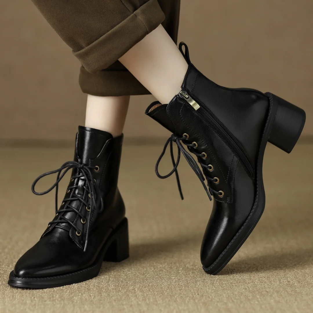 Women's genuine leather lace-up side zip autumn ankle boots casual female punk short motorcycle boots shoes for woman 2025 new
