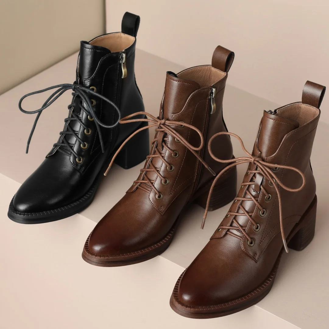 Women's genuine leather lace-up side zip autumn ankle boots casual female punk short motorcycle boots shoes for woman 2025 new