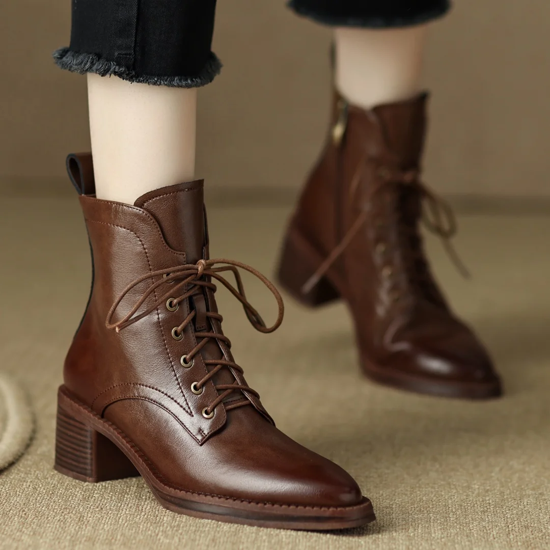 Women's genuine leather lace-up side zip autumn ankle boots casual female punk short motorcycle boots shoes for woman 2025 new