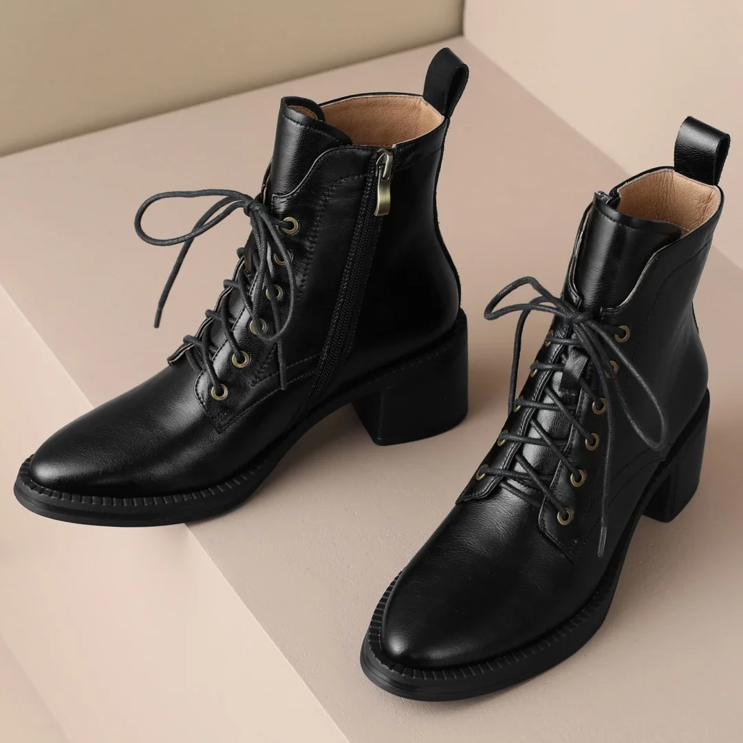Women's genuine leather lace-up side zip autumn ankle boots casual female punk short motorcycle boots shoes for woman 2025 new