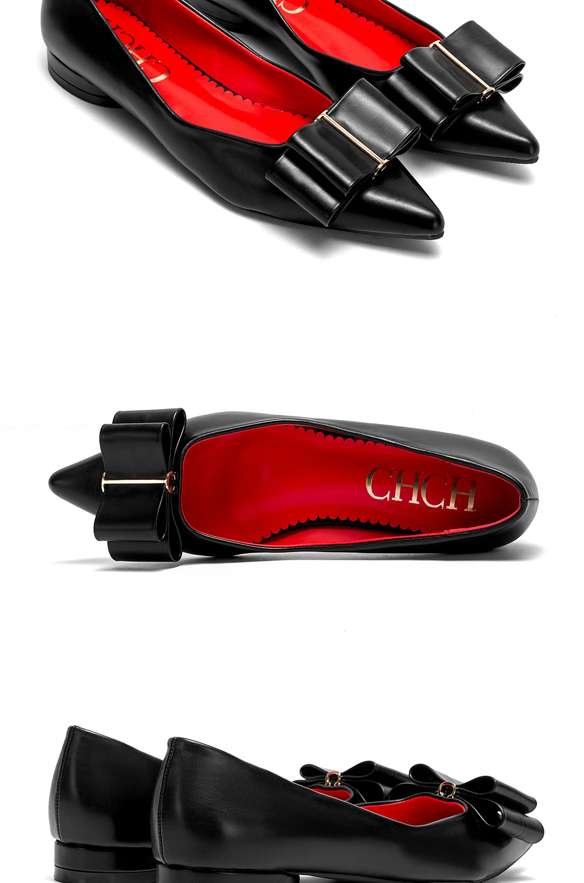 CHCH Women's Flat Shoes New Black Pointed Bow Business Shoes Comfortable Commuting Women's Shoes