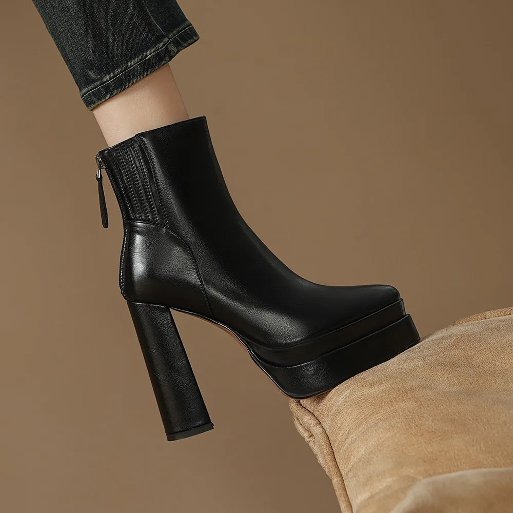 MILI-MIYA Fashion Pointed Toe Women Full Genuine Leather Ankle Boots Solid Color Thick Heels Zippers Dress Party Shoes For Lady