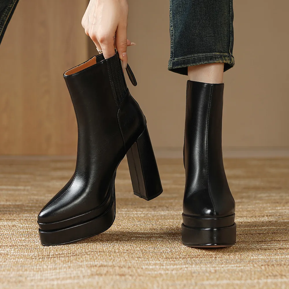 MILI-MIYA Fashion Pointed Toe Women Full Genuine Leather Ankle Boots Solid Color Thick Heels Zippers Dress Party Shoes For Lady