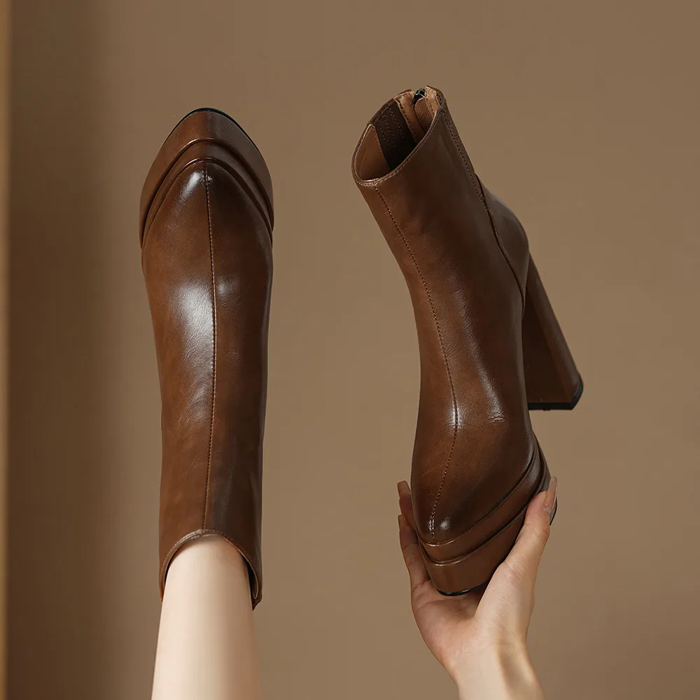 MILI-MIYA Fashion Pointed Toe Women Full Genuine Leather Ankle Boots Solid Color Thick Heels Zippers Dress Party Shoes For Lady