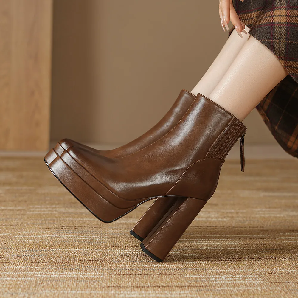MILI-MIYA Fashion Pointed Toe Women Full Genuine Leather Ankle Boots Solid Color Thick Heels Zippers Dress Party Shoes For Lady