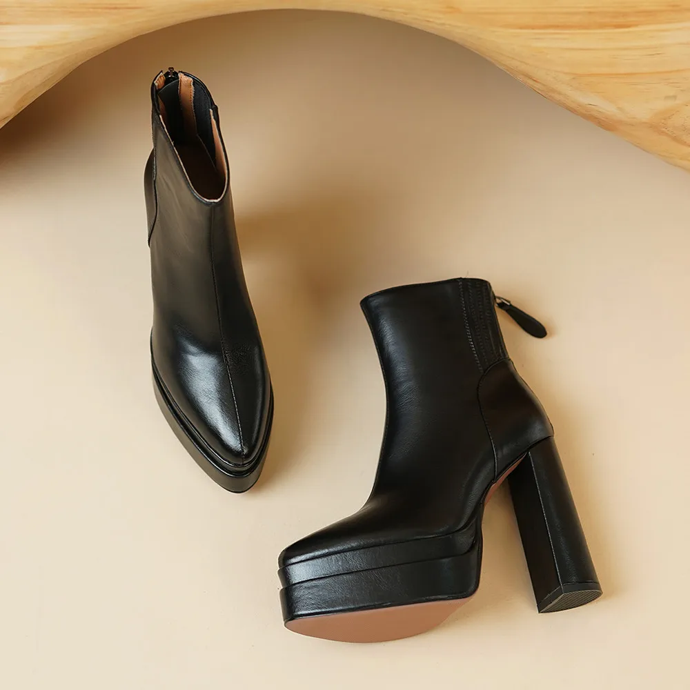 MILI-MIYA Fashion Pointed Toe Women Full Genuine Leather Ankle Boots Solid Color Thick Heels Zippers Dress Party Shoes For Lady