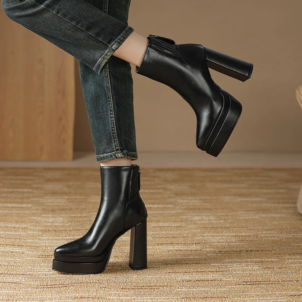 MILI-MIYA Fashion Pointed Toe Women Full Genuine Leather Ankle Boots Solid Color Thick Heels Zippers Dress Party Shoes For Lady