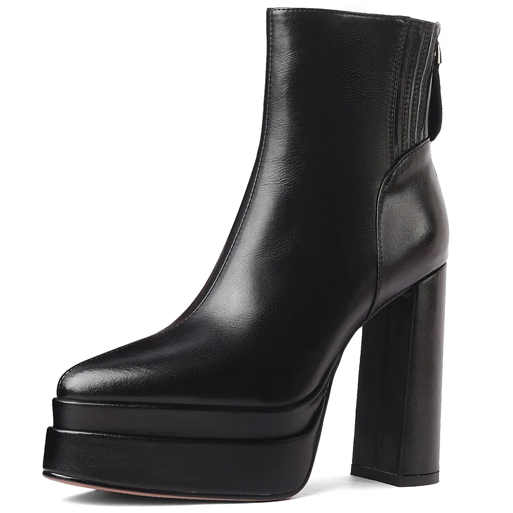 MILI-MIYA Fashion Pointed Toe Women Full Genuine Leather Ankle Boots Solid Color Thick Heels Zippers Dress Party Shoes For Lady