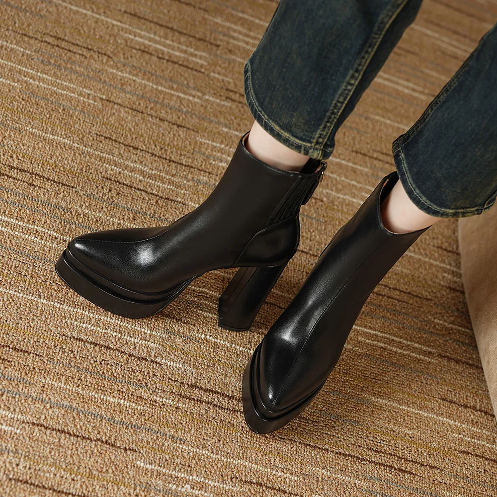 MILI-MIYA Fashion Pointed Toe Women Full Genuine Leather Ankle Boots Solid Color Thick Heels Zippers Dress Party Shoes For Lady