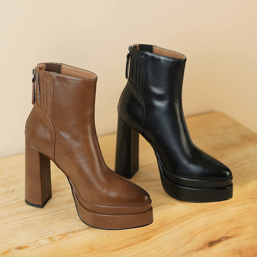 MILI-MIYA Fashion Pointed Toe Women Full Genuine Leather Ankle Boots Solid Color Thick Heels Zippers Dress Party Shoes For Lady