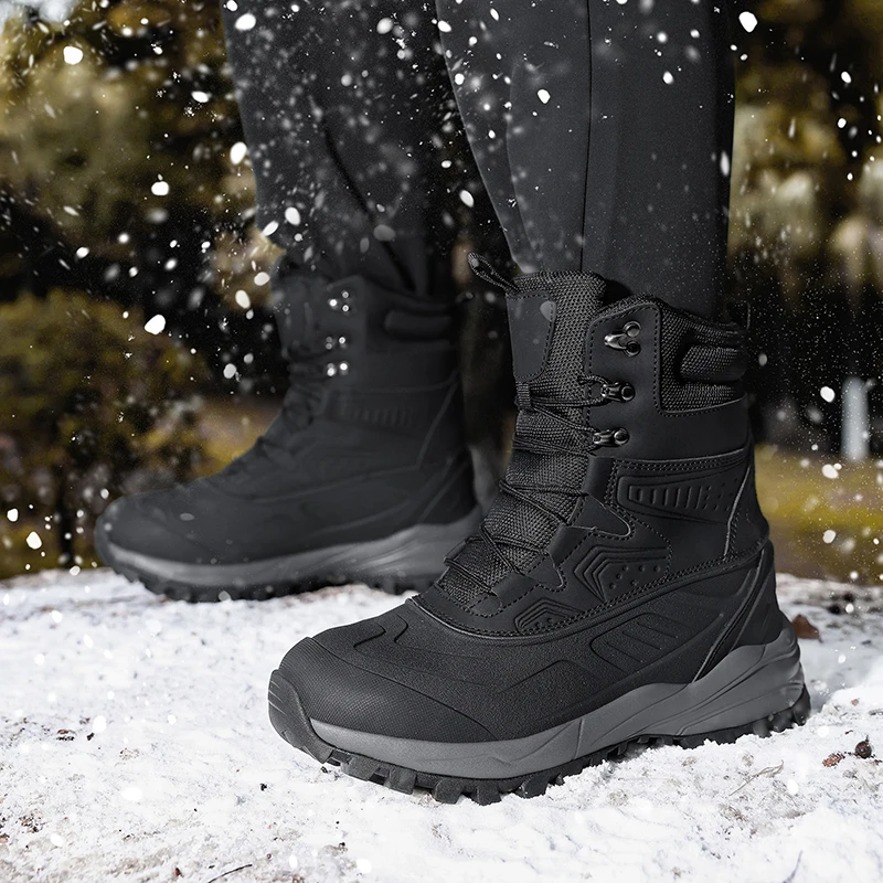 Men's Winter High-Top Snow Boots with Fleece Lining Thickened Waterproof Non-Slip Warm and Cold-Resistant Cotton Work Shoes