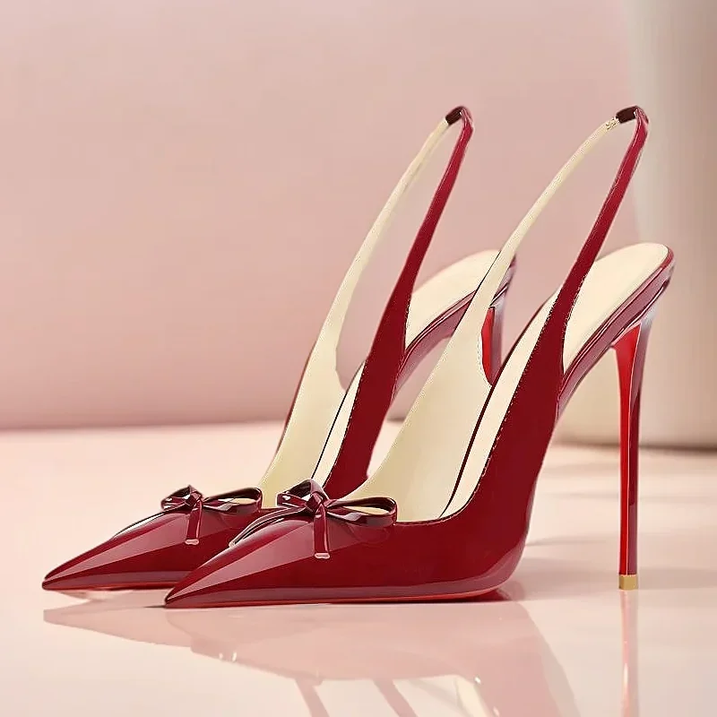 Black New Patent Leather Pointed Small Bow Back Empty Style Plus Size Socialite High-Heeled Sandals Single Shoe
