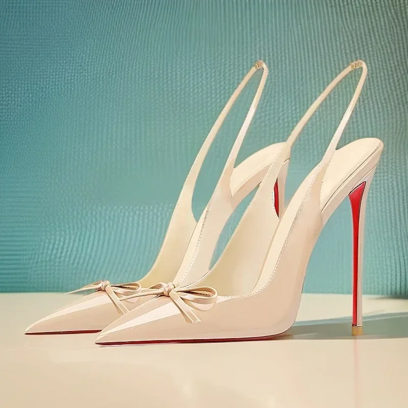 Black New Patent Leather Pointed Small Bow Back Empty Style Plus Size Socialite High-Heeled Sandals Single Shoe