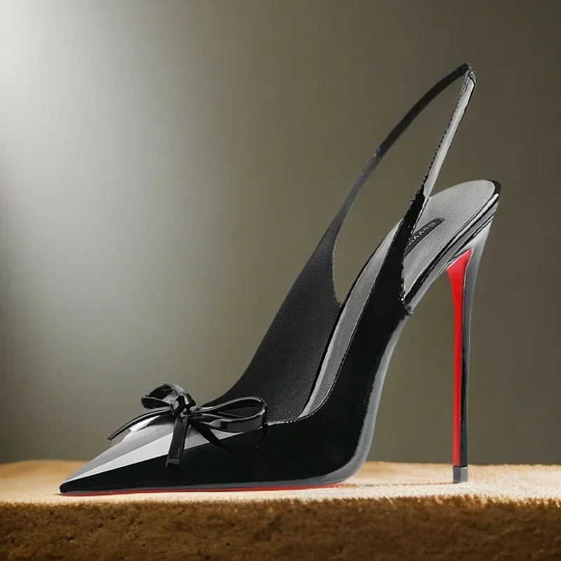 Black New Patent Leather Pointed Small Bow Back Empty Style Plus Size Socialite High-Heeled Sandals Single Shoe