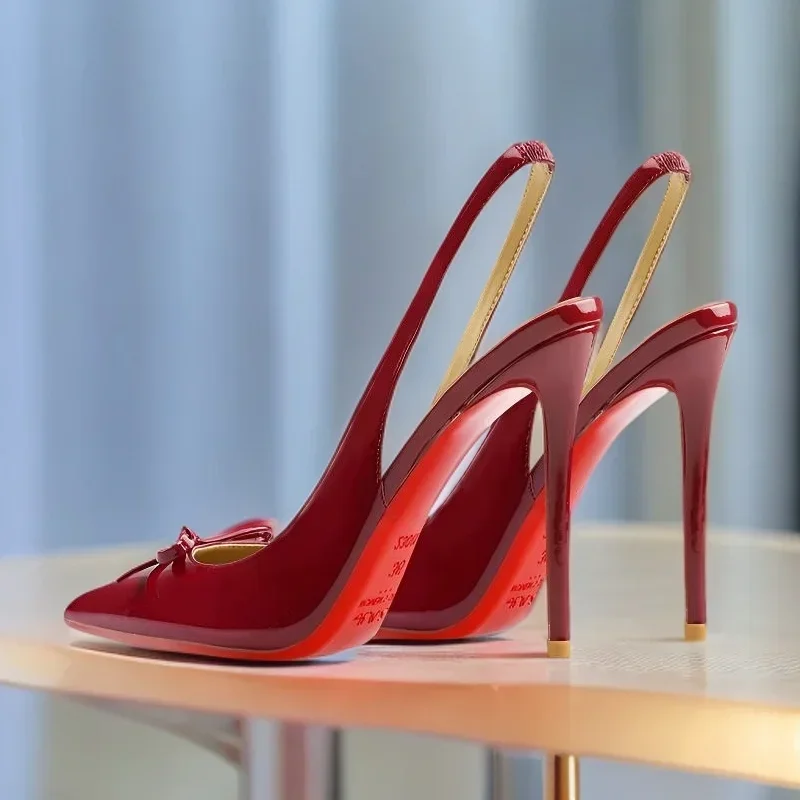 Black New Patent Leather Pointed Small Bow Back Empty Style Plus Size Socialite High-Heeled Sandals Single Shoe