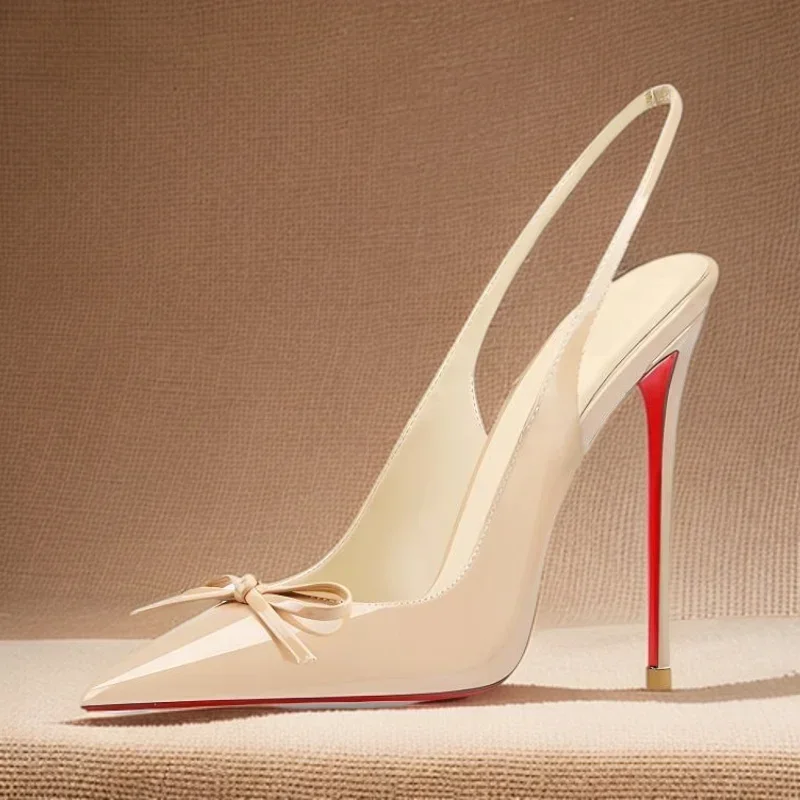 Black New Patent Leather Pointed Small Bow Back Empty Style Plus Size Socialite High-Heeled Sandals Single Shoe