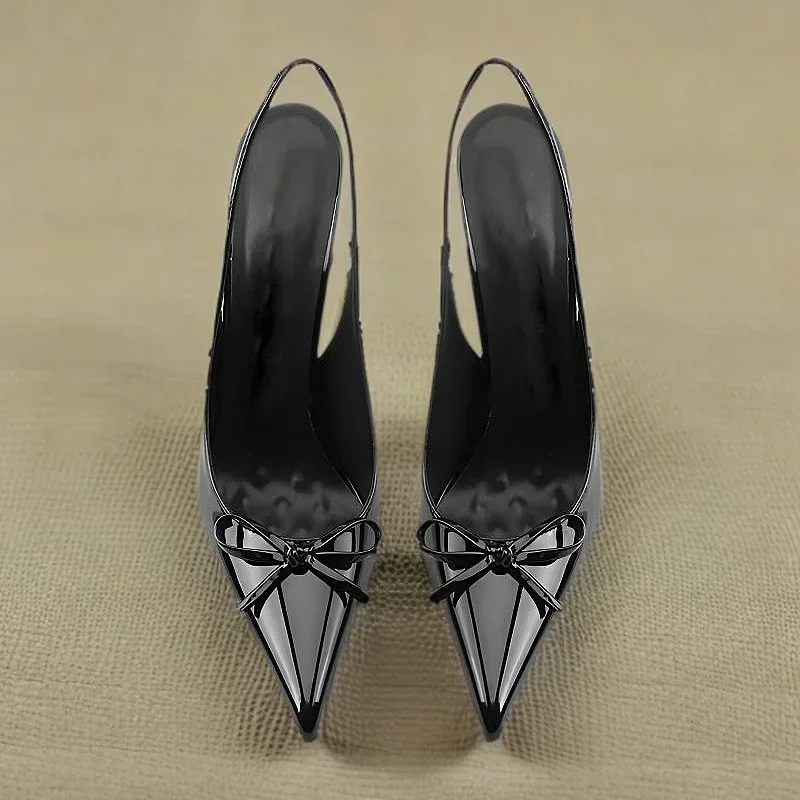 Black New Patent Leather Pointed Small Bow Back Empty Style Plus Size Socialite High-Heeled Sandals Single Shoe