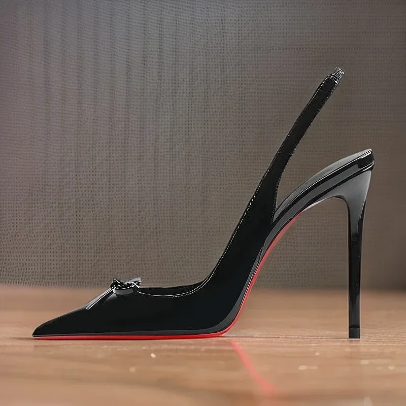 Black New Patent Leather Pointed Small Bow Back Empty Style Plus Size Socialite High-Heeled Sandals Single Shoe