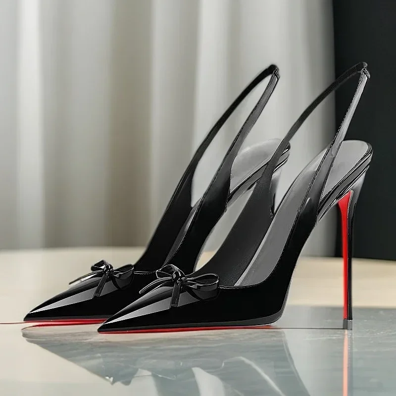 Black New Patent Leather Pointed Small Bow Back Empty Style Plus Size Socialite High-Heeled Sandals Single Shoe