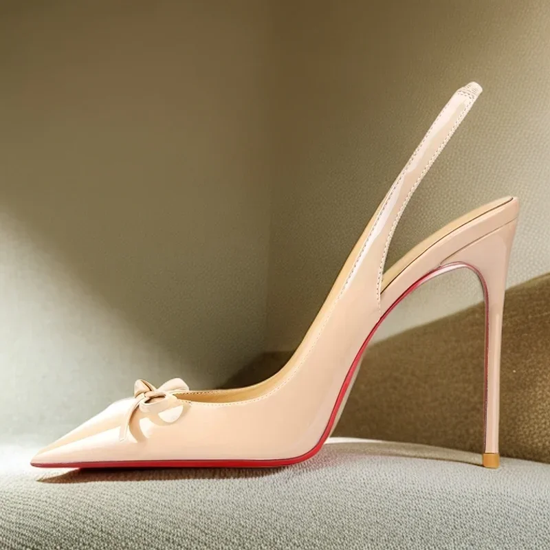 Black New Patent Leather Pointed Small Bow Back Empty Style Plus Size Socialite High-Heeled Sandals Single Shoe
