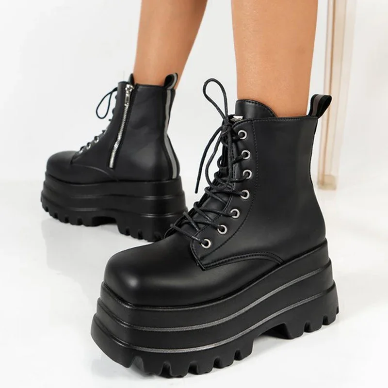 Gothic Chunky Platform Motorcycle Boots Women Autumn Winter Punk Combat Boots Rubber Thick Bottom PU Leather Ankle Botas Mujer