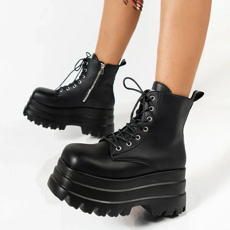 Gothic Chunky Platform Motorcycle Boots Women Autumn Winter Punk Combat Boots Rubber Thick Bottom PU Leather Ankle Botas Mujer