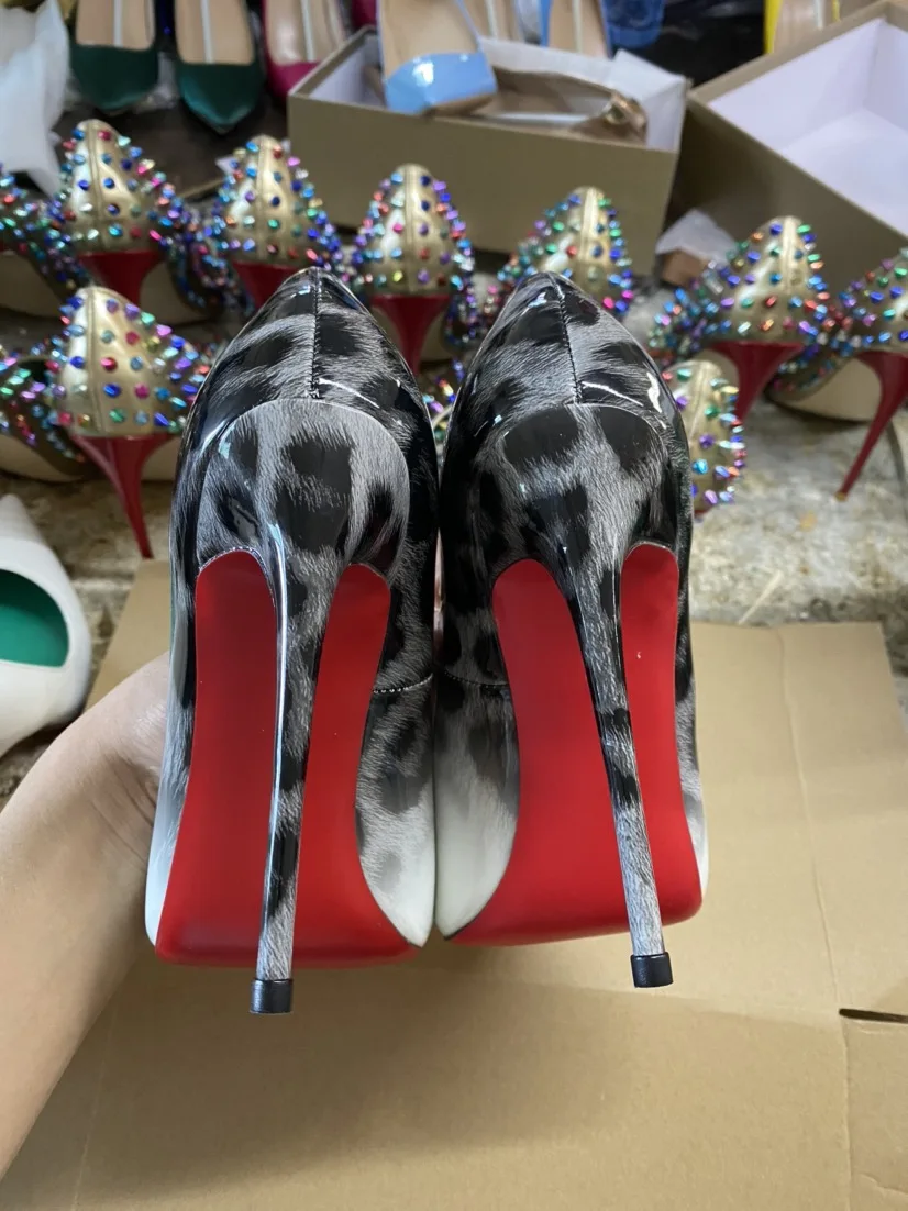 Red Background Leopard Print High-heeled Sandals with A Straight Buckle Thin Heel Pointed Toe Fashionable and Sexy Big Size 12CM