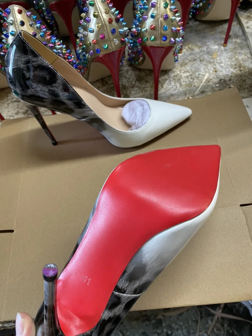 Red Background Leopard Print High-heeled Sandals with A Straight Buckle Thin Heel Pointed Toe Fashionable and Sexy Big Size 12CM