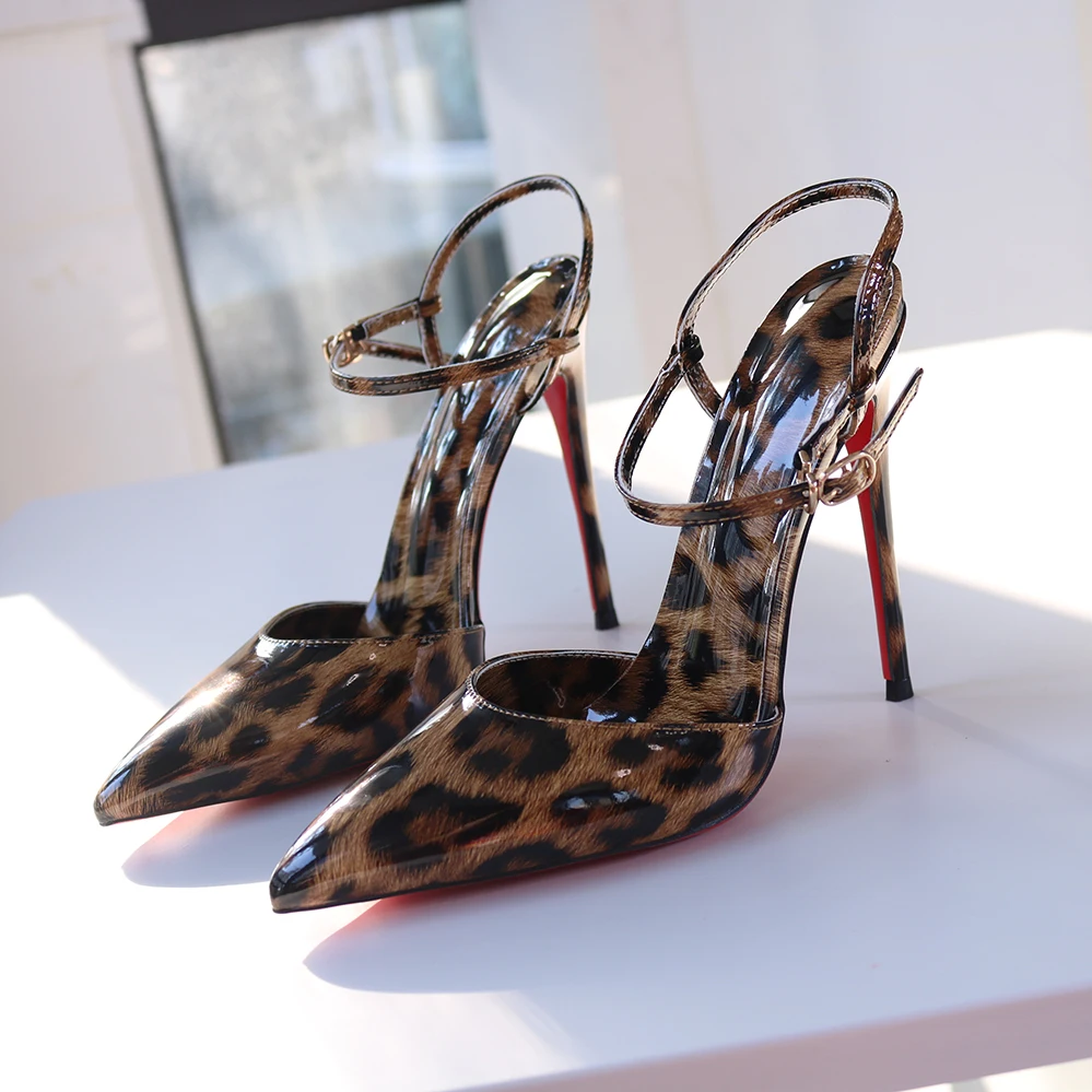 Red Background Leopard Print High-heeled Sandals with A Straight Buckle Thin Heel Pointed Toe Fashionable and Sexy Big Size 12CM