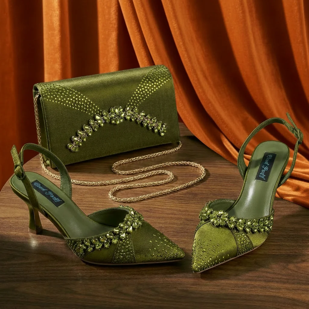 2026 Italian Inspired Gold Rhinestone HAND CRAFTED UPPER Pointed Toe Women High Heels Shoes and Bag Set Elegant Party Shoes
