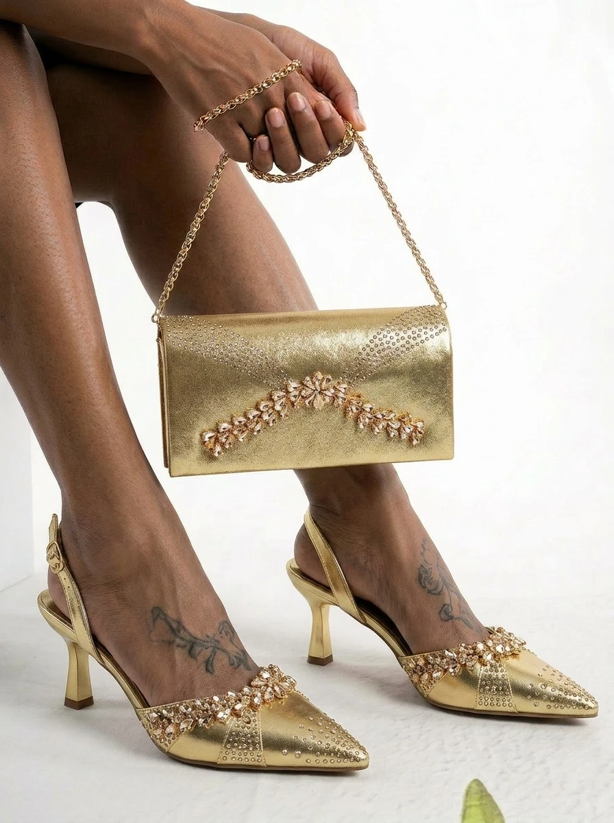 2026 Italian Inspired Gold Rhinestone HAND CRAFTED UPPER Pointed Toe Women High Heels Shoes and Bag Set Elegant Party Shoes