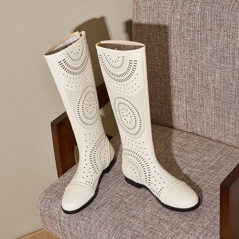Women's New Spring and Summer Genuine Leather Cowhide Low Heel Large Size and Calf Zipper High Leg Boots Breathable Cool Boots