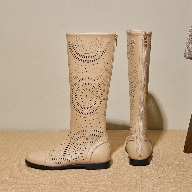 Women's New Spring and Summer Genuine Leather Cowhide Low Heel Large Size and Calf Zipper High Leg Boots Breathable Cool Boots