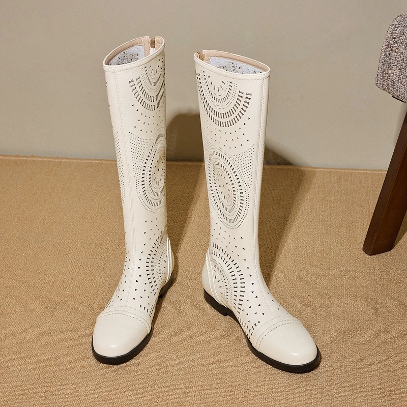 Women's New Spring and Summer Genuine Leather Cowhide Low Heel Large Size and Calf Zipper High Leg Boots Breathable Cool Boots