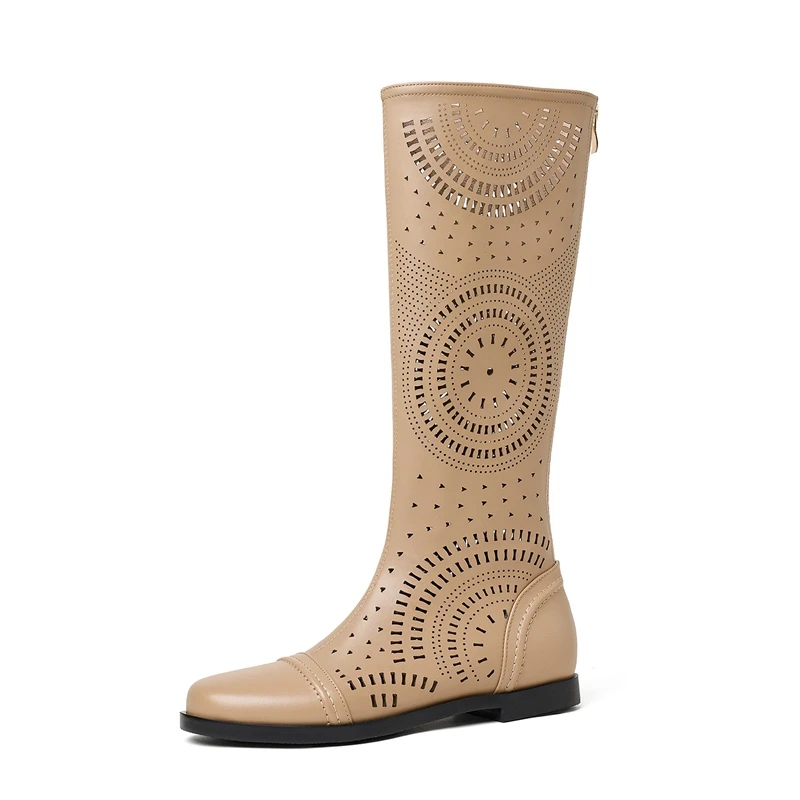 Women's New Spring and Summer Genuine Leather Cowhide Low Heel Large Size and Calf Zipper High Leg Boots Breathable Cool Boots