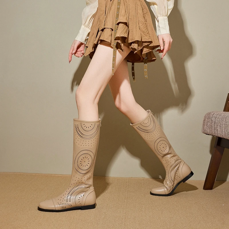 Women's New Spring and Summer Genuine Leather Cowhide Low Heel Large Size and Calf Zipper High Leg Boots Breathable Cool Boots