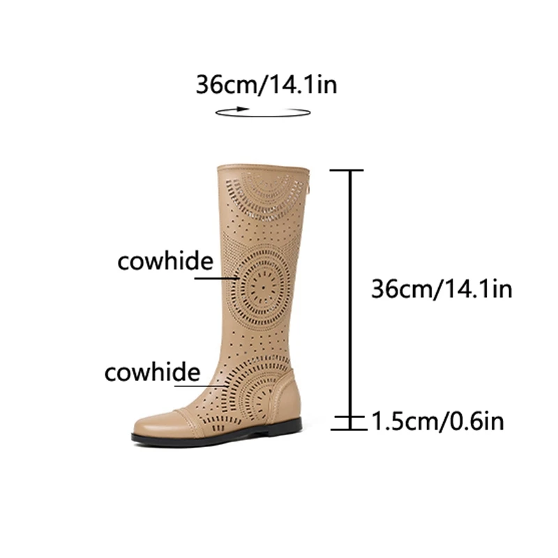 Women's New Spring and Summer Genuine Leather Cowhide Low Heel Large Size and Calf Zipper High Leg Boots Breathable Cool Boots