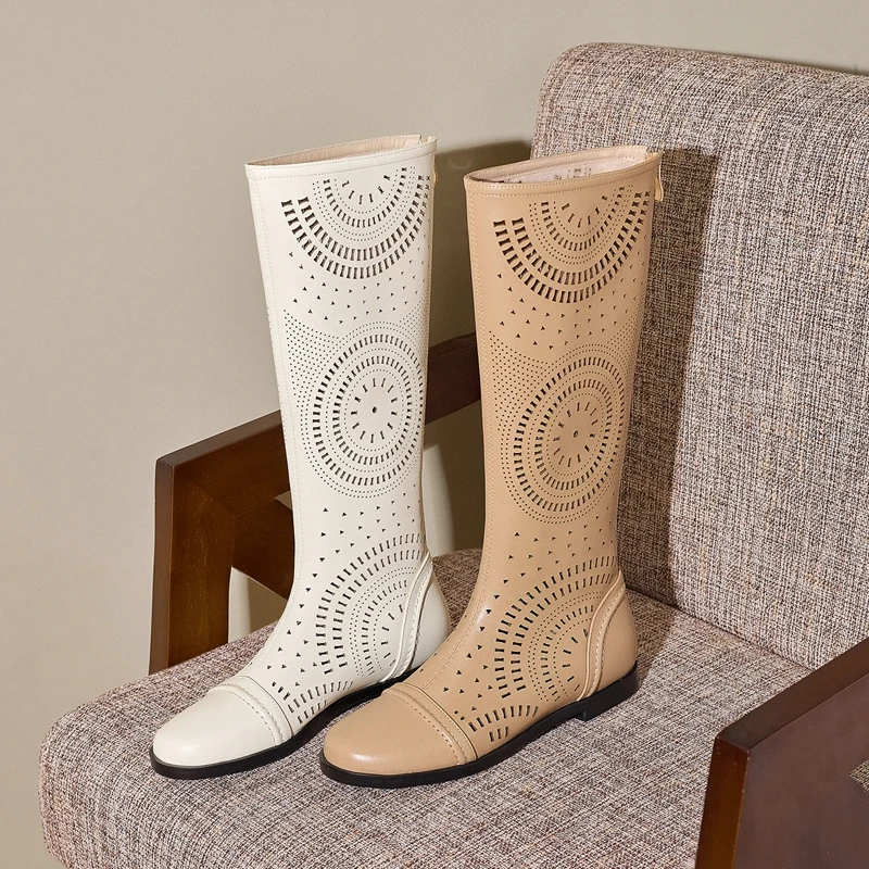 Women's New Spring and Summer Genuine Leather Cowhide Low Heel Large Size and Calf Zipper High Leg Boots Breathable Cool Boots