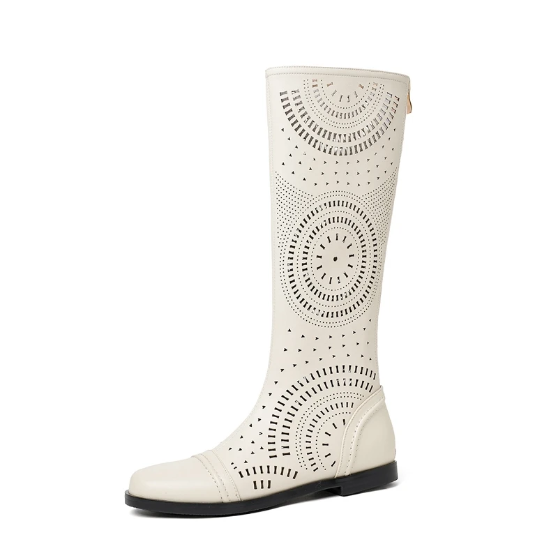 Women's New Spring and Summer Genuine Leather Cowhide Low Heel Large Size and Calf Zipper High Leg Boots Breathable Cool Boots