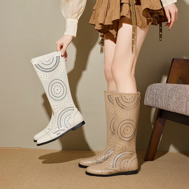 Women's New Spring and Summer Genuine Leather Cowhide Low Heel Large Size and Calf Zipper High Leg Boots Breathable Cool Boots