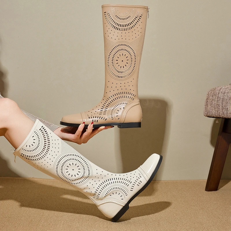 Women's New Spring and Summer Genuine Leather Cowhide Low Heel Large Size and Calf Zipper High Leg Boots Breathable Cool Boots