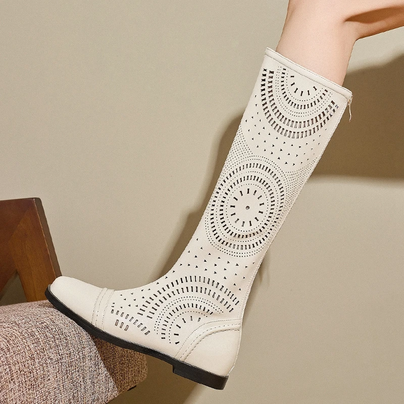 Women's New Spring and Summer Genuine Leather Cowhide Low Heel Large Size and Calf Zipper High Leg Boots Breathable Cool Boots