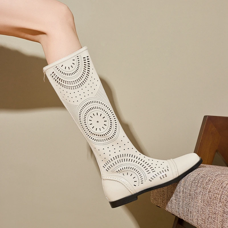 Women's New Spring and Summer Genuine Leather Cowhide Low Heel Large Size and Calf Zipper High Leg Boots Breathable Cool Boots