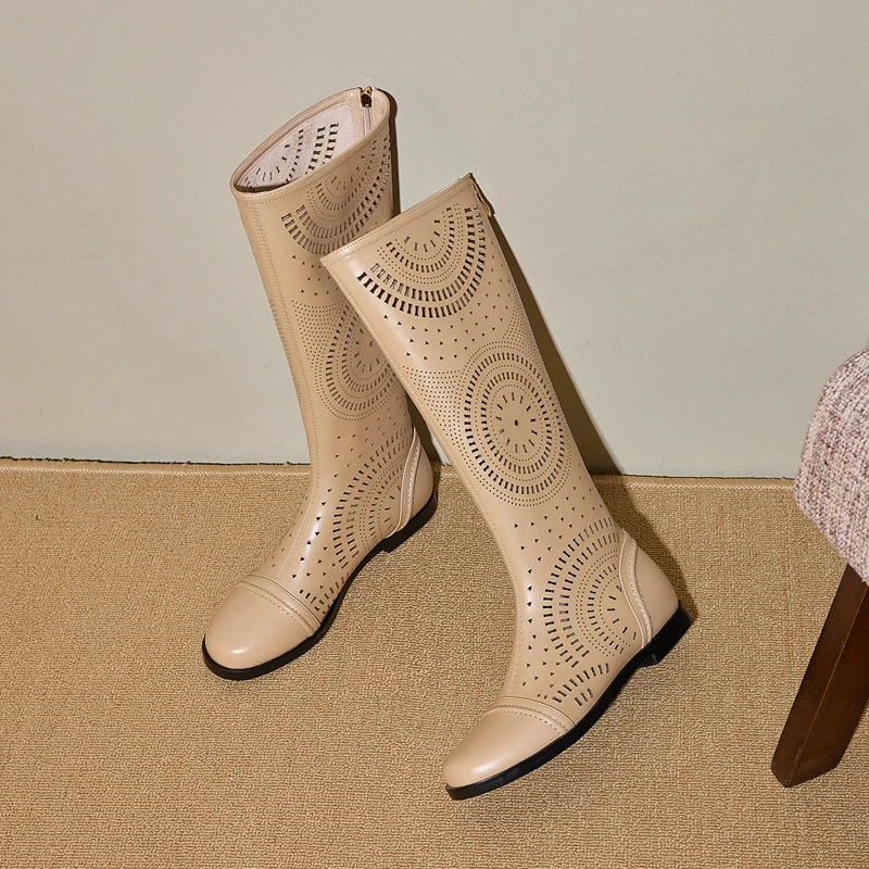 Women's New Spring and Summer Genuine Leather Cowhide Low Heel Large Size and Calf Zipper High Leg Boots Breathable Cool Boots