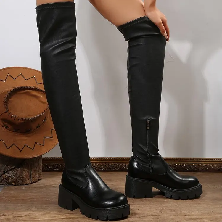 Stretch Over The Knee Boots Women Soft Faux Leather Side Zipper Round Toe Shoes Ladies Daily Platform Thick Sole Long Boots